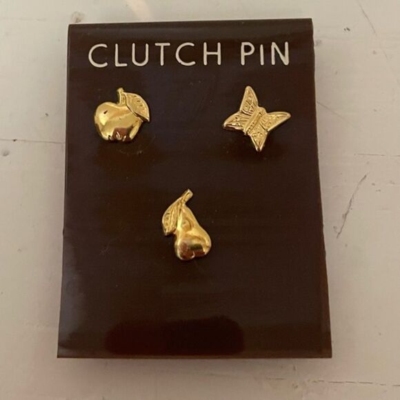 NEVER USED. 3-gold tone clutch pins/lapel pins (apple, pear & butterfly TEACHERS - Picture 1 of 11